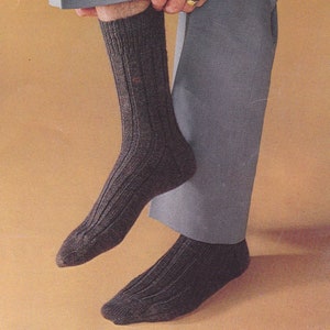 Men's ribbed socks to knit. Wide rib, two sizes, in 3 ply on four needles.  Classic vintage knitting pattern.  Instant download PDF.