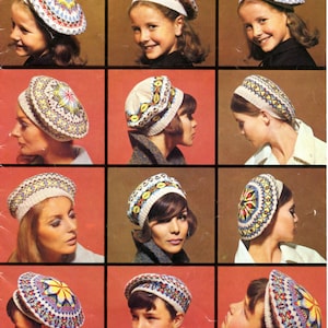 May include: A collage of nine images featuring women and children wearing colorful knitted berets with geometric patterns.
