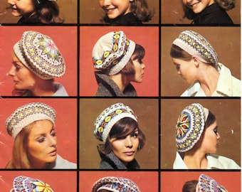 Fair isle tam o'shanters/berets/hats for adults + children. Five designs in DK. Vintage knitting pattern. PDF digital download.