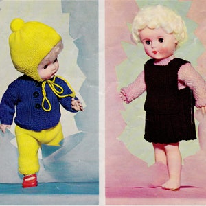 May include: Two knitted doll outfits. The first outfit is a blue sweater with yellow buttons, yellow pants, and a yellow hat with a pom-pom. The second outfit is a brown dress with a pink sweater.