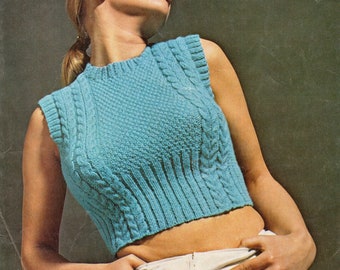 Women's sleeveless cropped top/vest. Cute cabled design, in DK yarn.  Vintage knitting pattern.  Instant download PDF.