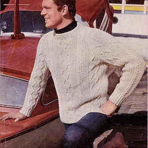 Man&#39;s Aran cable sweater.  Round neck with raglan sleeves, 40-44 inch chest.  Vintage knitting pattern.  Instant download PDF.