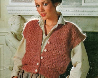 Waistcoat/vest knitting pattern for women. Light and airy lace in aran weight yarn. Vintage 1980s.  Digital download PDF.