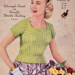 May include: A green knitted sweater with a square neckline and short sleeves. The sweater is made with a double knitting technique and is designed to fit a bust size of 32 to 38 inches. The pattern is called "Gleneagle Tweed" or "Conella".