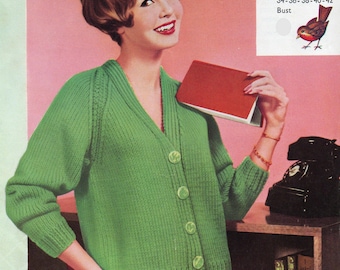 Women's classic raglan v-neck cardigan to knit in bulky yarn.  Vintage 1950s.  Librarian core chic! Digital download PDF.
