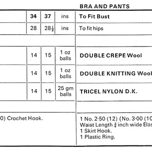 May include: A chart with instructions for making a waistcoat or bra and pants. The chart lists the yarn type, size, and quantity needed for each garment. It also includes the size of the crochet hook needed.