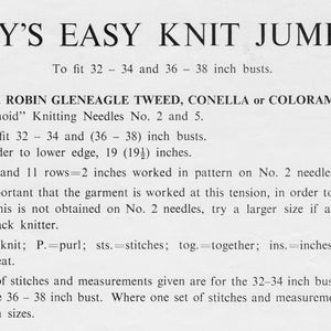 May include: A black and white text document with instructions for knitting a jumper. The document includes the title "Lady's Easy Knit Jumper", materials needed, measurements, tension, and abbreviations. The text mentions using Robin Gleneagle Tweed, Conella or Colorama Double Knitting yarn.
