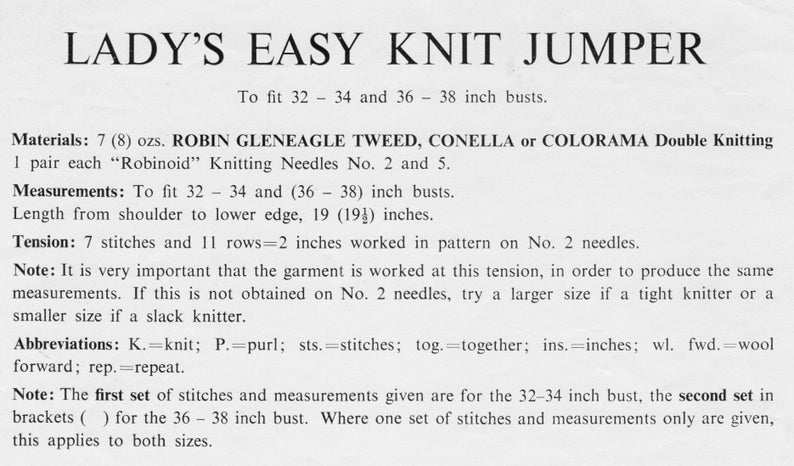 May include: A black and white text document with instructions for knitting a jumper. The document includes the title "Lady's Easy Knit Jumper", materials needed, measurements, tension, and abbreviations. The text mentions using Robin Gleneagle Tweed, Conella or Colorama Double Knitting yarn.