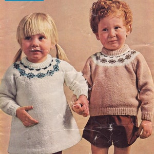 Children&#39;s fair isle yoke sweater + dress. DK yarn, 20-26 inch chest.  Cute vintage knitting pattern.  Instant download PDF.