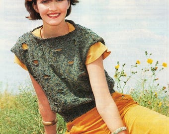 Women's knit vest, top, slipover with buttonhole slashes.  Fun, minimal knit, in DK. Vintage 1980s knitting pattern.  Digital download PDF.