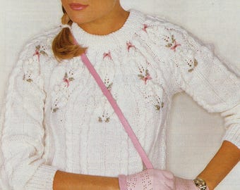Women's cable sweater with a pretty lace embroidered yoke to knit. Vintage knitting pattern in DK yarn.  Digital download PDF.