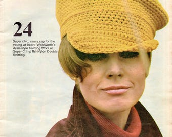 Women's crochet cap to make in aran yarn. Cute, cheeky tomboy style. Vintage 1970s crochet pattern.  Digital download PDF.