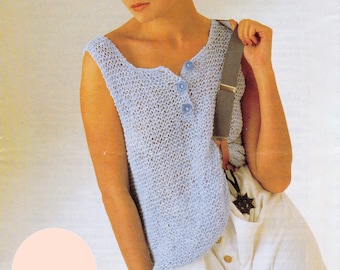 May include: A woman wearing a light blue sleeveless knitted top with buttons down the front and white pants with suspenders. The top is made with a "Cloud 9" yarn and is for sizes 30-42 inches. The text "cool as cotton light as air" is also on the image.