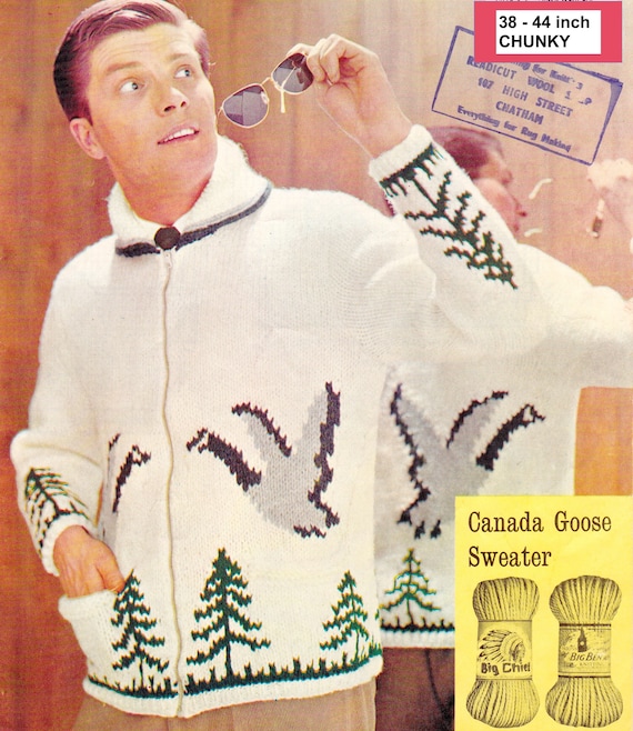 Man's Cardigan With Canada Geese. Cowichan Style Chunky Knit, 38