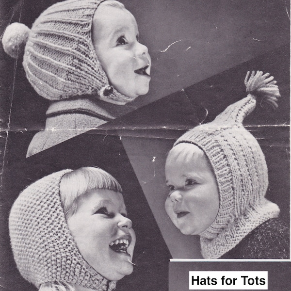 Babies + childrens helmets + a cute pixie balaclava, in aran yarn. 9 months - 3 yrs. Vintage 1960s knitting pattern.  Instant download PDF.