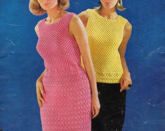 Women's knitted dress + sleeveless sweater.  Vintage 1960s knitting pattern in DK yarn. Digital download pattern PDF.