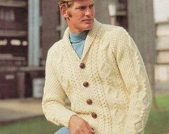 Man's classic aran jacket/cardigan with a shawl collar.  Vintage 1960s retro knitting pattern.  Instant download PDF.
