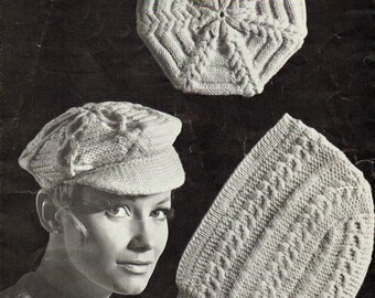 Aran cap, hood + beret.  Stylish headwear 1960s vintage knitting pattern.  Digital download PDF.