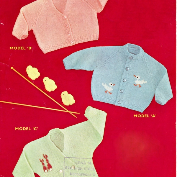 Babies cardigans: with bunny + duck embroidered motifs.  Vintage 1960s knitting pattern.  3 - 6 months in 3 ply.  Digital download PDF.
