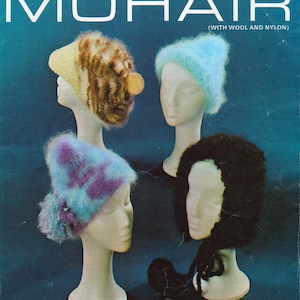 May include: Four mannequins wearing different knitted hats. The hats are made of mohair, wool, and nylon. The hats are in various colors, including blue, purple, brown, and black.