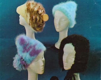 Women's fun hat, bonnet + cap to knit + crochet in fluffy mohair.  Vintage 1970s knitting pattern.  Instant download PDF.