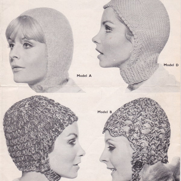 Women's helmets/headwear/bonnets to knit + crochet. Aviator style. Vintage 1960s pattern.  Instant download PDF.