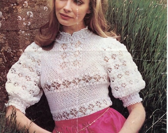 Lacy crochet blouse/top with puff sleeves + stand-up collar.  Women's vintage crochet pattern.  Instant download PDF.