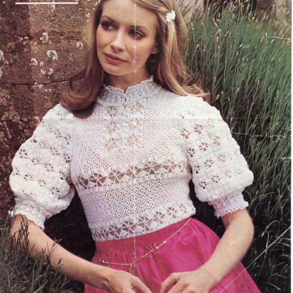 Lacy crochet blouse/top with puff sleeves + stand-up collar.  Women's vintage crochet pattern.  Instant download PDF.