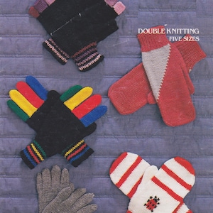 Handschuhe + Fäustlinge für die Familie.  Motiv-Optionen: Streifen/Farbblock/Marienkäfer.  Vintage Strickanleitung, in DK. Sofortiger Download PDF.