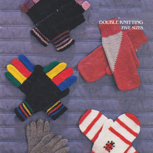 Gloves + mittens for the family.  Stripes/colour block/ladybird motif options.  Vintage knitting pattern, in DK. Instant download PDF.