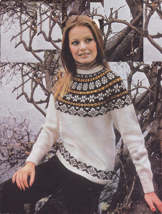 Fair isle circular yoke sweater. Women's vintage knitting pattern.  Scandi/Norwegian/ski style 34-40 inch, DK yarn. Instant download PDF.