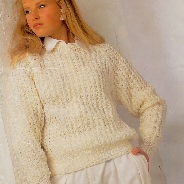 Women's raglan sweater to knit in a simple openwork stitch. 32-40 inch chest, in DK yarn.  Vintage knitting pattern.  Instant download PDF.