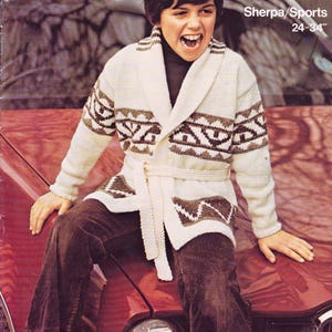 Starsky + Hutch fair isle cardigan, with shawl collar. Children&#39;s vintage knitting pattern, 24-34 inch chest. Instant download PDF.