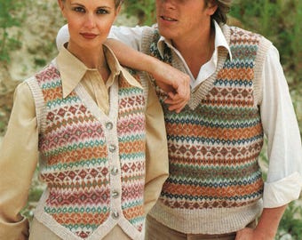 Fair Isle slipover/vest/tank and waistcoat to knit.  Vintage unisex pattern in DK yarn.  Digital download PDF.