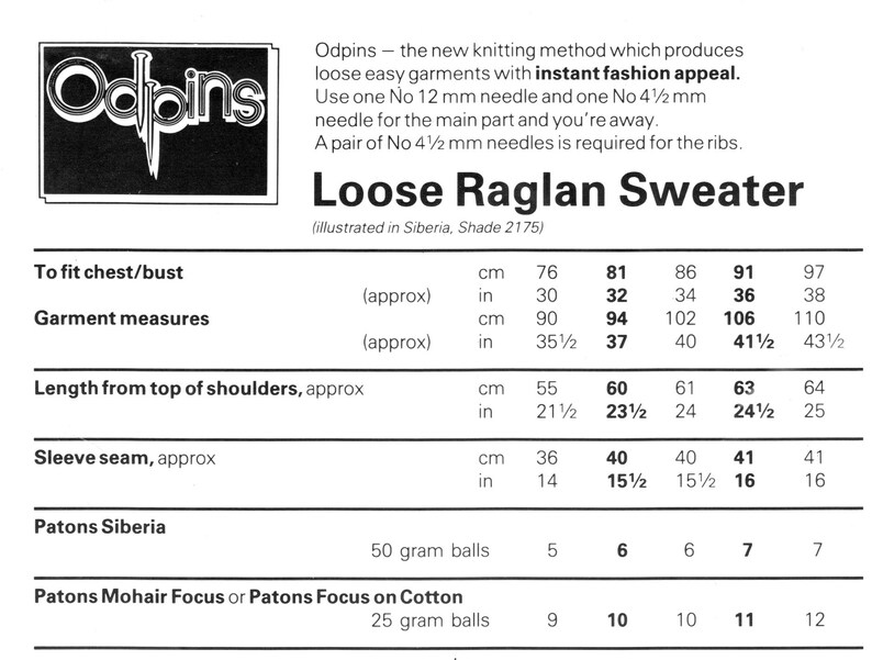 May include: A knitting pattern for a loose raglan sweater, featuring measurements in inches and centimeters. The pattern includes chest/bust, garment, and sleeve seam measurements. The text includes "instant fashion appeal".