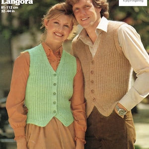 May include: A couple wearing knitted vests. The woman's vest is green and the man's vest is beige. The text "Langora 81-112 cm 32-44 in 4 ply/ Fingering" is visible in the image.