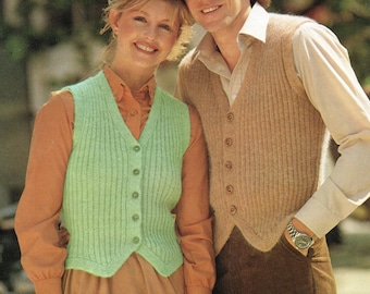 Knit waistcoat pattern in rib.  Unisex classic style, in 4 ply yarn.  Vintage knitting pattern.  Instant download PDF.