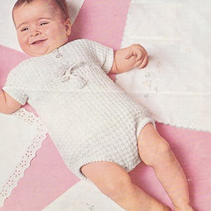 Baby's romper/all-in-one suit.  Two sizes to fit 18-20 inch chest, up to 12 months.  Vintage knitting pattern.  Digital download PDF.