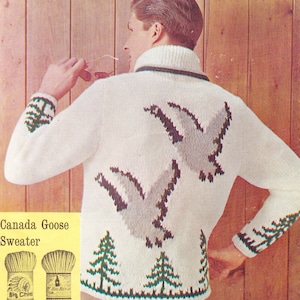 Man&#39;s sweater with Canada geese motifs. Cowichan style chunky knit,  38-44 inch chest.  Vintage knitting pattern.  Instant download PDF.