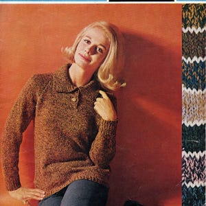 May include: A brown sweater with a collared neckline and a button closure. The sweater is knitted with a textured pattern. The model is wearing blue jeans and black shoes. The image also includes the text "Candytwist" and "Four sizes 34"-40".