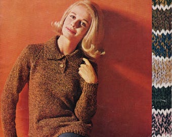 Women's raglan jumper with collar.  Vintage 1960s knitting pattern.  Instant digital download PDF.