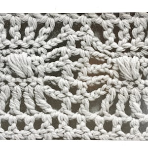 May include: Close-up of a crocheted fabric with a repeating pattern of small flowers. The fabric is a light grey colour and has a soft, textured appearance.