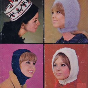 Women's knit hats: a hood, a balaclava, a bonnet + a fair isle pill box style hat.  Vintage knitting pattern.  Instant download PDF.
