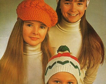Girls/teens winter hats/caps to knit + crochet, in DK yarn. Vintage pattern.  Instant download PDF>
