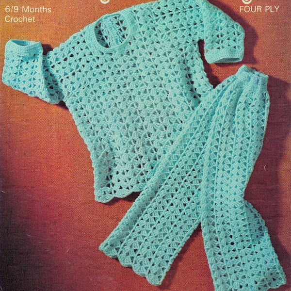 Baby's top + trouser set in lacy crochet.  To fit 6-9 months, in 4 ply.  Vintage crochet pattern.  Instant download PDF.