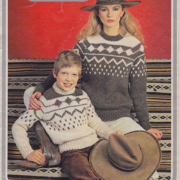 Fair isle sweaters, Gaucho inspired.  Vintage knitting pattern, in family sizes 26-38 inch chest.  Instant download PDF.