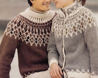 Icelandic style sweater/jacket for women + men.  Circular fair-isle yoke.  34-42 inch. Vintage knitting pattern.  Instant download PDF.