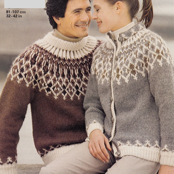 Icelandic style sweater/jacket for women + men.  Circular fair-isle yoke.  34-42 inch. Vintage knitting pattern.  Instant download PDF.
