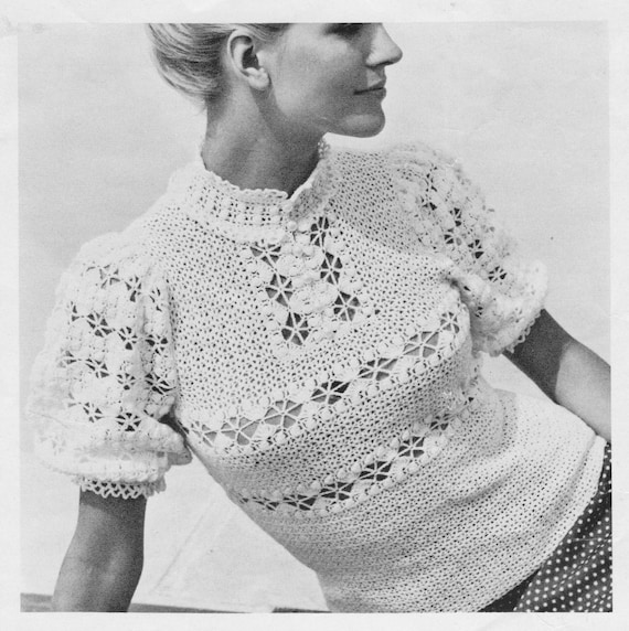 Lacy Crochet Blouse/top With Puff Sleeves + Stand-up Collar
