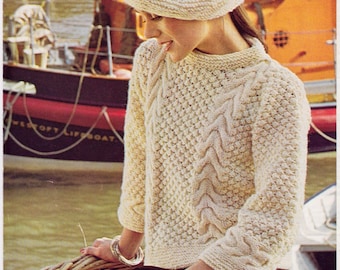 Women's aran jumper, cropped boxy shape with 3/4 sleeves + garter stitch beret.  Vintage knitting pattern.  Instant download PDF.